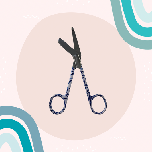 Blue leaf lister bandage scissors with curved handle and blunt safety tip. 