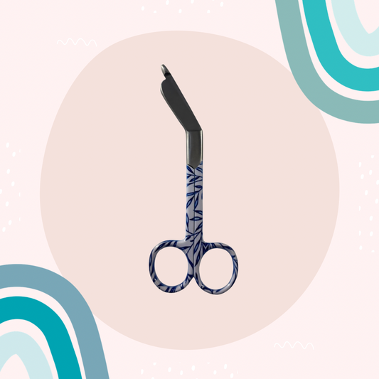 Blue leaf lister bandage scissors with curved handle and blunt safety tip. 