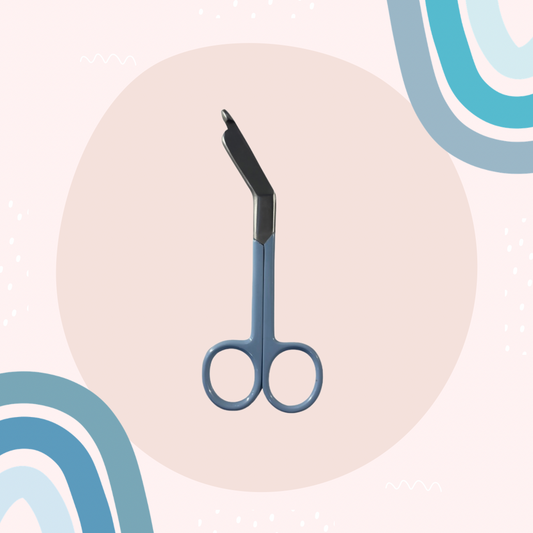 Blue lister bandage scissors with curved handle and blunt safety tip. 