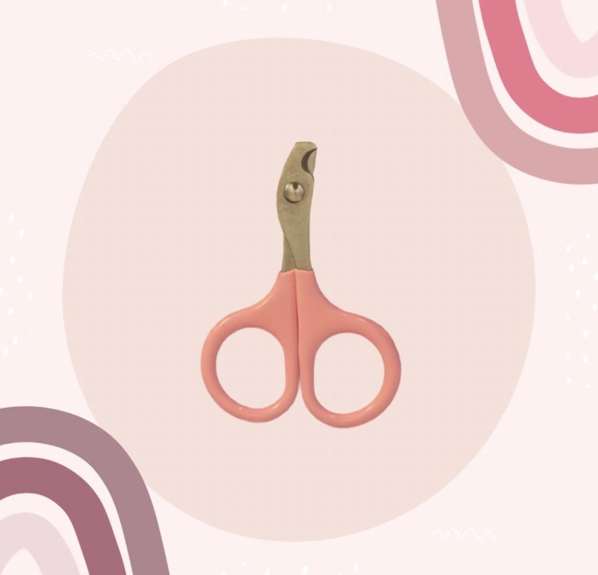 A pair of nail clippers with dusty pink handles and a metallic gold-toned head, centered on a soft pink background with abstract curved accents.