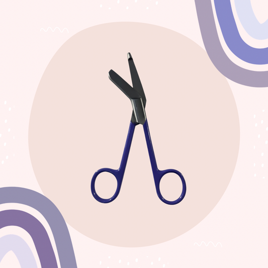Purple lister bandage scissors with curved handle and blunt safety tip. 